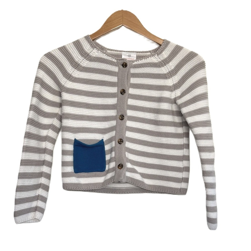 Hanna Andersson Cardigan Sz 8 130 Striped Cotton Knit Button Sweater Grey White‎
